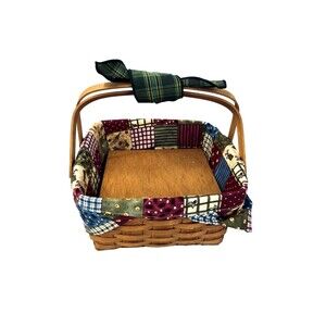 1988 Longaberger Small Picnic Basket w/Holiday Liner & Riser 12"L x 12"W x 6"W